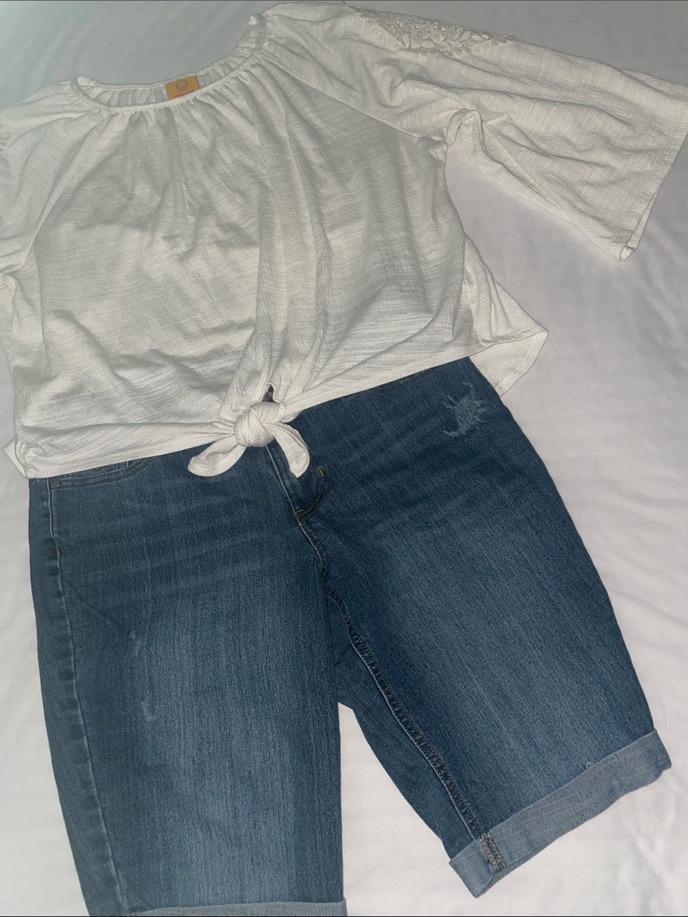 Off White Tie-Front Blouse with Dark Blue Denim Bermuda Shorts